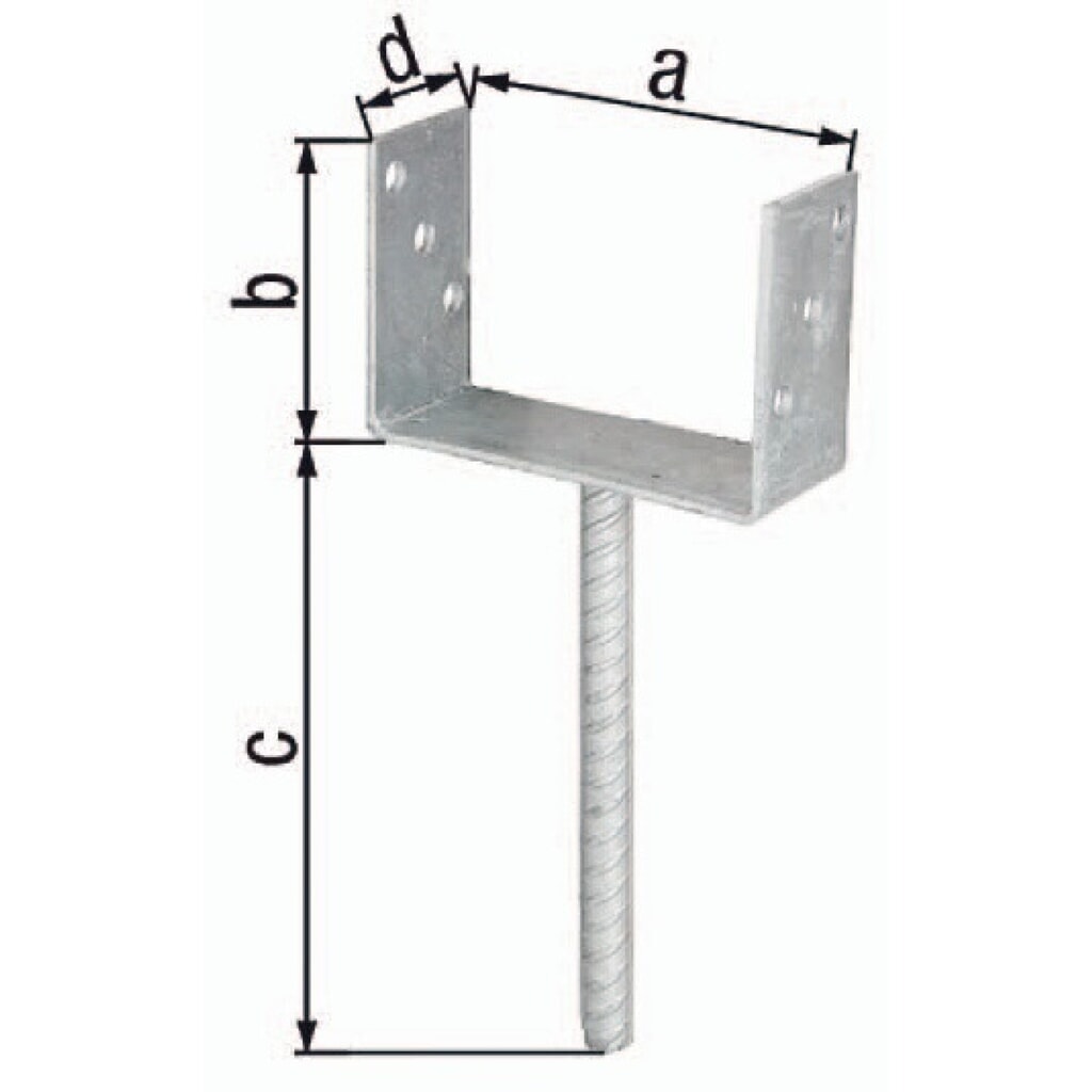 GAH U-Pfostenträger ETA-10/0210, feuerverzinkt, 71x100x200x60mm, mit Betonanker aus Riffelstahl Produktabbildung: GAH U-Pfostenträger ETA-10/0210, feuerverzinkt, 71x100x200x60mm, mit Betonanker aus Riffelstahl
