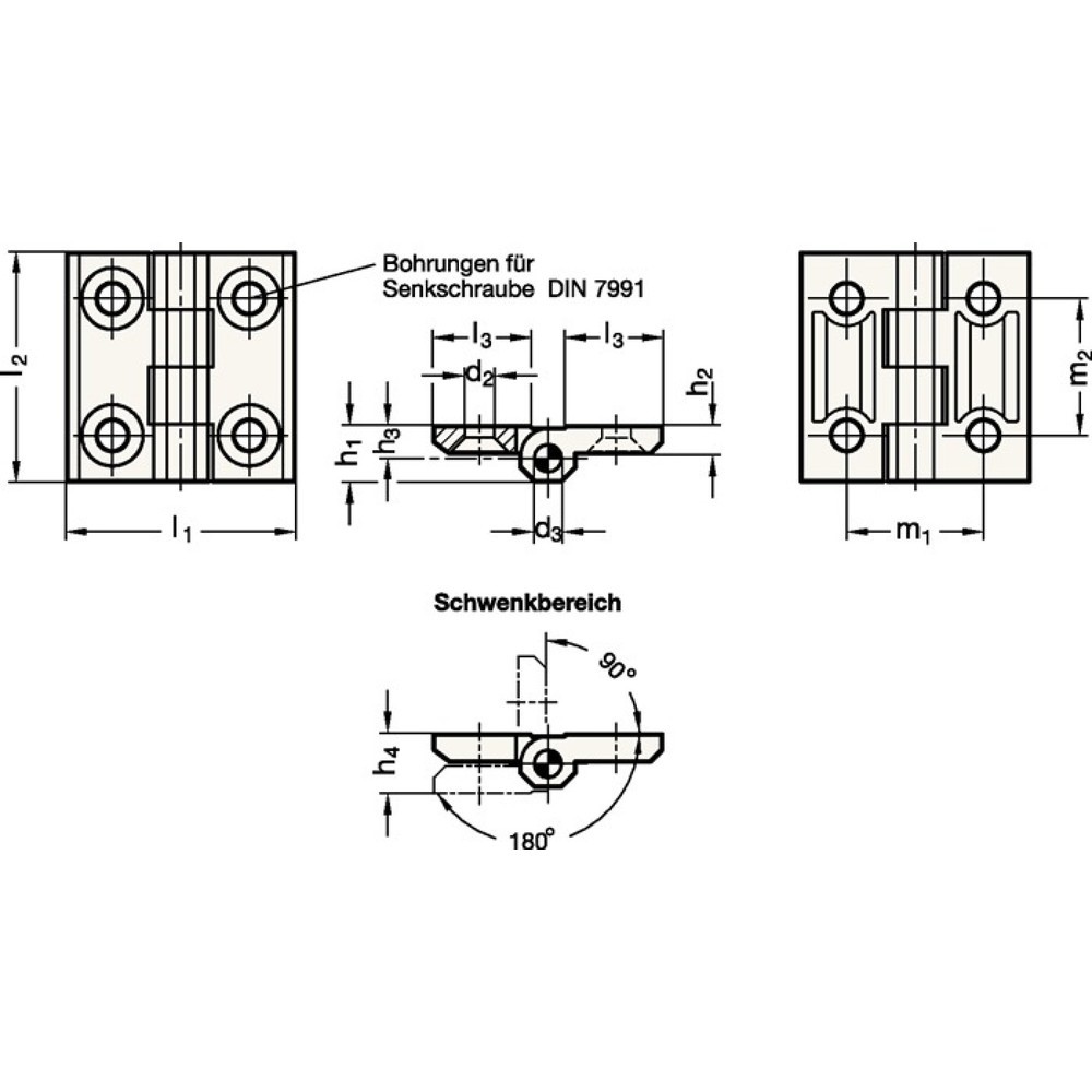Produktabbildung Nr. 2: GANTER Scharnier GN 237, Stärke 2 mm Zink-Druckguss, Höhe 40 mm Breite 40 mm, mit Bohrungen für Senkschrauben