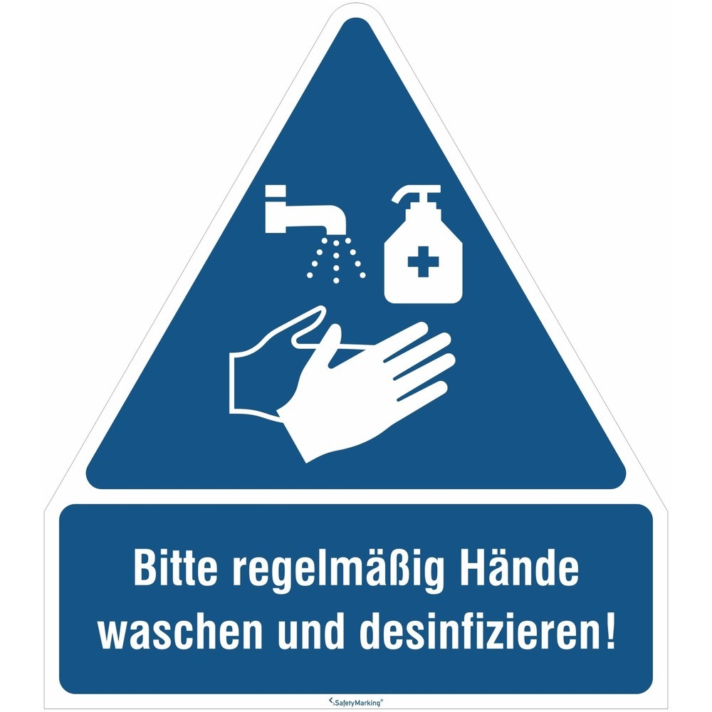 Produktabbildung: GGebotsschild-Kombination "Bitte regelmäßig Hände waschen und desinfizieren!", dreieckig, Stärke 0,8 mm