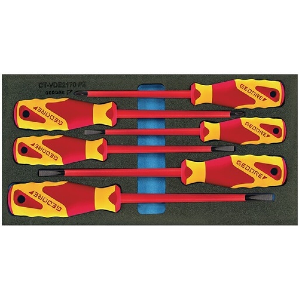 Werkzeugmodul T.310mmxB.157,5mm 6tlg. VDE-Schraubendreher Schlitz/PZD GEDORE Produktabbildung: Werkzeugmodul T.310mmxB.157,5mm 6tlg. VDE-Schraubendreher Schlitz/PZD GEDORE