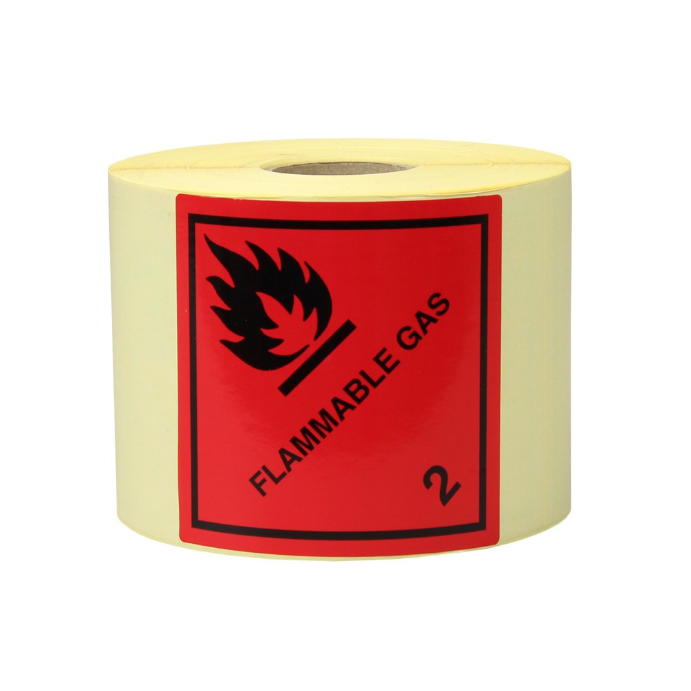Produktabbildung: Gefahrgut-Etiketten, 100 x 100 mm, mit Aufdruck/Symbol, "Flammable Gas"