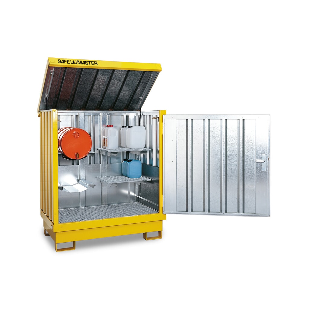SAFE Master® Gefahrstoff-Depot, verzinkt und lackiert, 2x 200 l, HxBxT 1.685 x 1.420 x 1.080 mm, signalgelb Produktabbildung: SAFE Master® Gefahrstoff-Depot, verzinkt und lackiert, 2x 200 l, HxBxT 1.685 x 1.420 x 1.080 mm, signalgelb