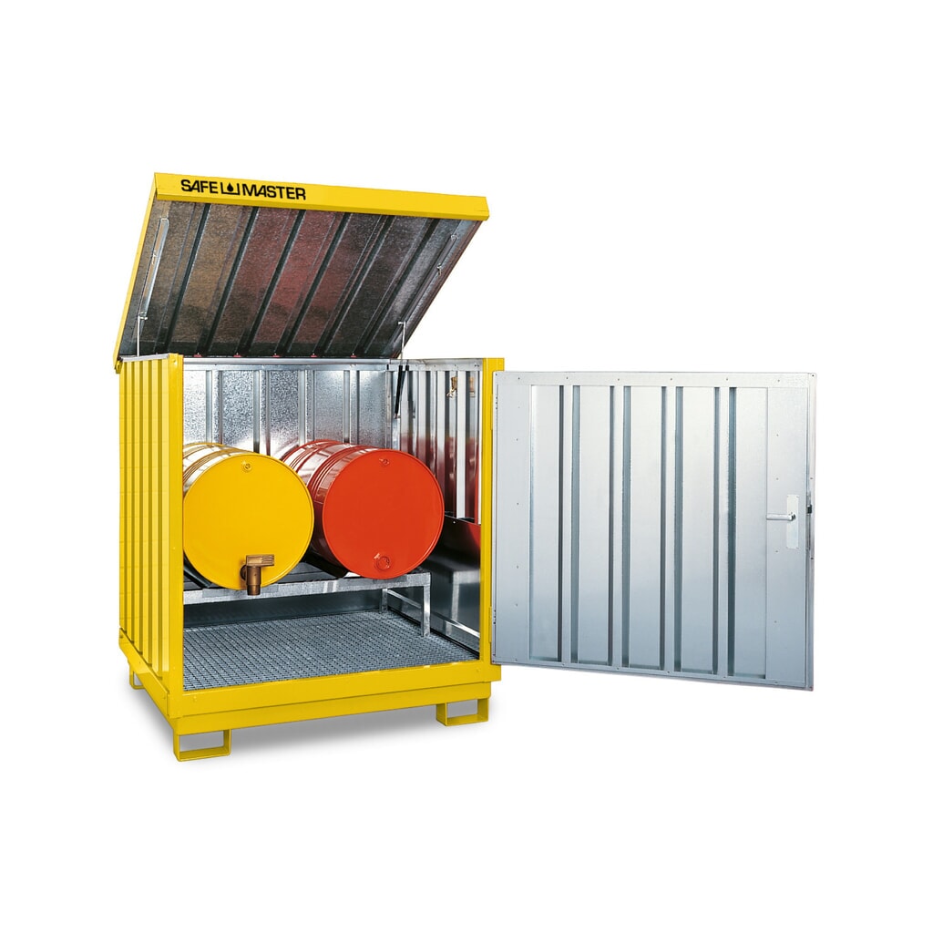 SAFE Master® Gefahrstoff-Depot, verzinkt und lackiert, 4x 200 l, HxBxT 1.610 x 1.420 x 1.490 mm, signalgelb Produktabbildung: SAFE Master® Gefahrstoff-Depot, verzinkt und lackiert, 4x 200 l, HxBxT 1.610 x 1.420 x 1.490 mm, signalgelb