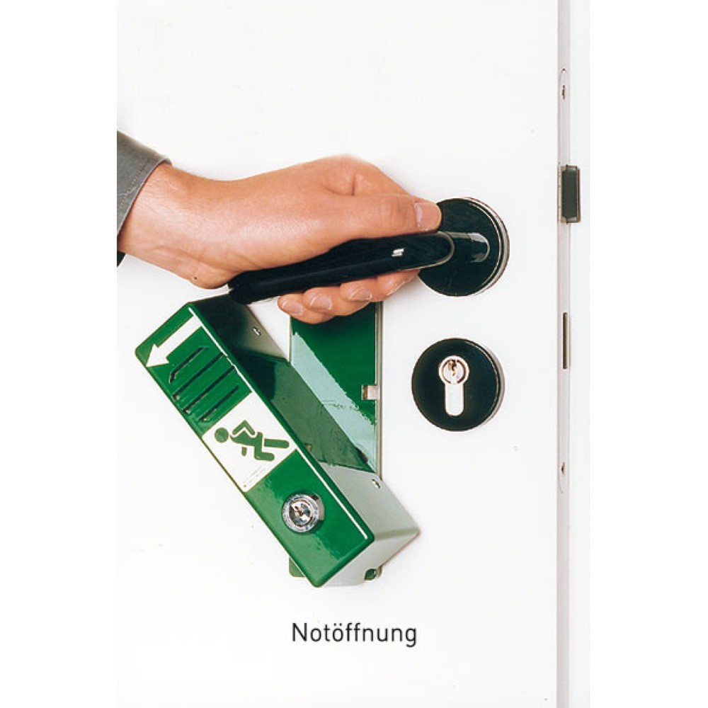 Produktabbildung Nr. 2: GfS Schwenk-Türwächter grün mit eingebautem Profilhalbzylinder