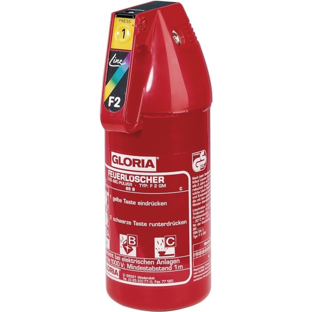 Produktabbildung: GLORIA Pulverfeuerlöscher, Brandklasse A 13 A 89 B C, 2 kg mit Dauerdruck, mit Manometer, mit Halter