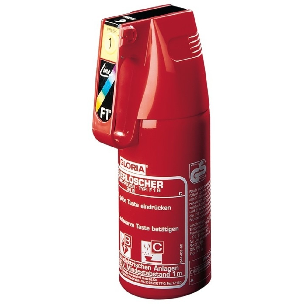 Produktabbildung: GLORIA Pulverfeuerlöscher, Brandklasse A 8 A 34 B C, 1 kg mit Dauerdruck, ohne Manometer, mit Halter
