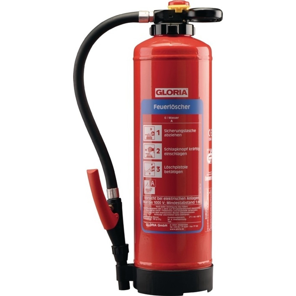 Produktabbildung: GLORIA Wasserfeuerlöscher, Brandklasse A 34 A, 6 kg wiederaufladbar, mit Wandhalter