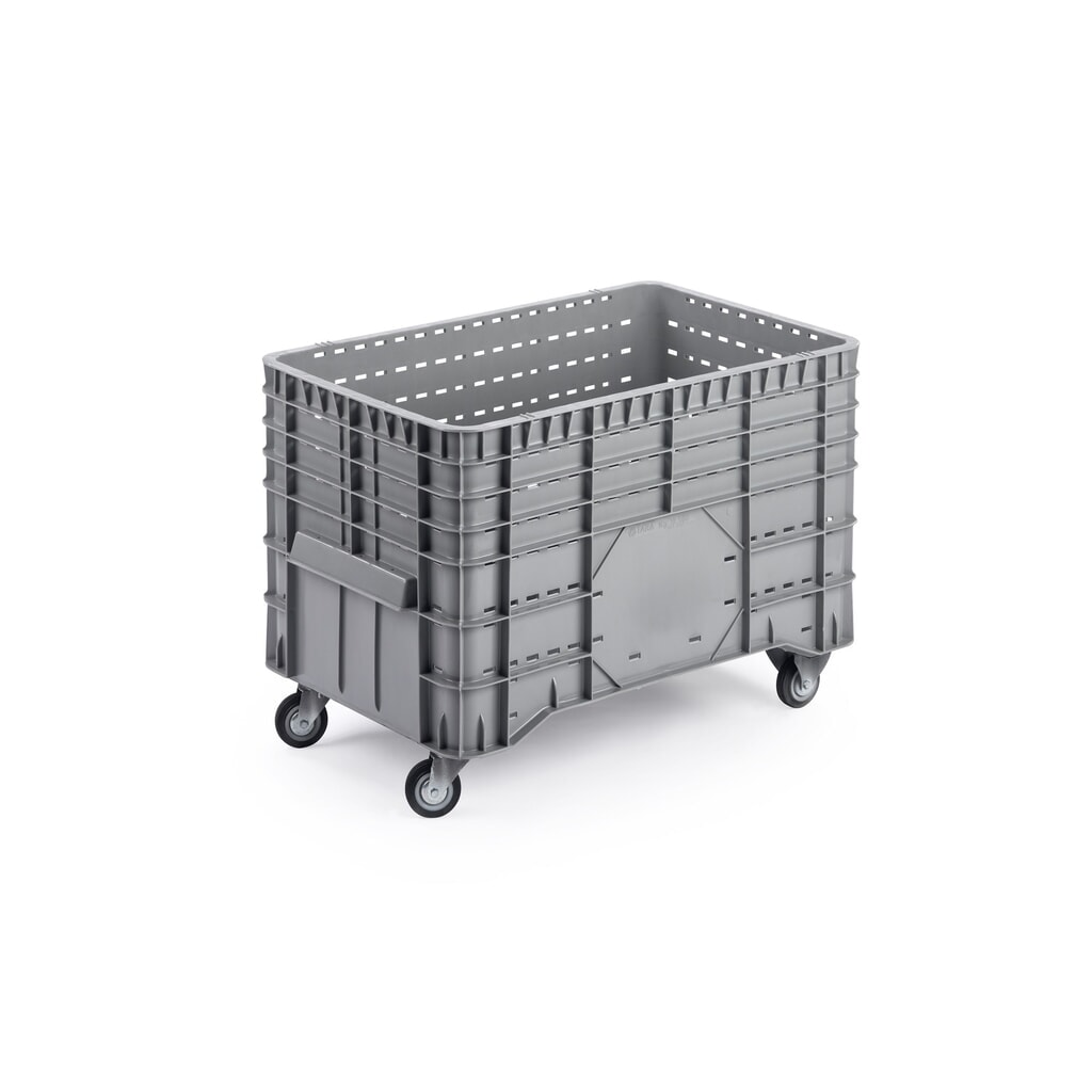 Produktabbildung: Großbehälter, grau, 1020x640x700 mm, durchbrochen, mit 4 Rollen (2 Lenk- und 2 Bockrollen)