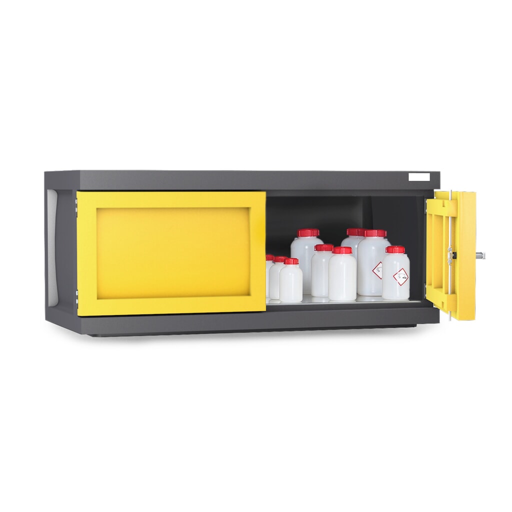 Produktabbildung: Denios Hänge-Chemikalienschrank aus PE, HxBxT 515 x 1.225 x 640 mm, 1 Gitterrost, verzinkt