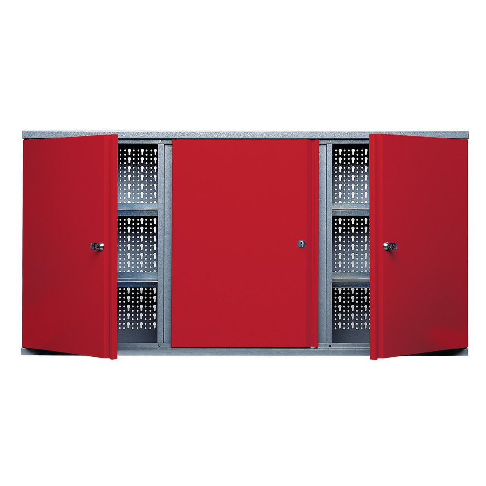 Produktabbildung: Hängeschrank mit 4 Einlegeböden + 3 Lochrückwänden, HxBxT 600 x 1.200 x 190 mm, rot
