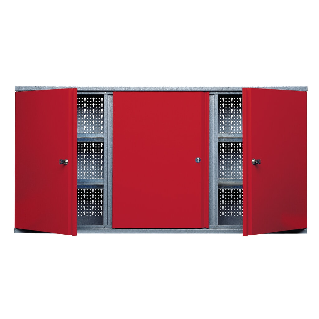 Hängeschrank mit 4 Einlegeböden + 3 Lochrückwänden, HxBxT 600 x 1.200 x 190 mm, rot Produktabbildung: Hängeschrank mit 4 Einlegeböden + 3 Lochrückwänden, HxBxT 600 x 1.200 x 190 mm, rot