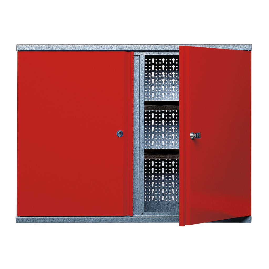 Hängeschrank mit 4 Einlegeböden + 2 Lochrückwänden, HxBxT 600 x 800 x 190 mm, rot Produktabbildung: Hängeschrank mit 4 Einlegeböden + 2 Lochrückwänden, HxBxT 600 x 800 x 190 mm, rot