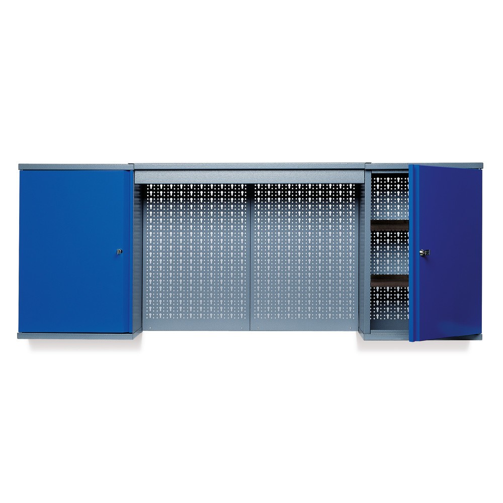 Produktabbildung: Hängeschrank mit 4 Einlegeböden + 4 Lochrückwänden +  Lichtblende, HxBxT 600 x 1.600 x 190 mm, blau