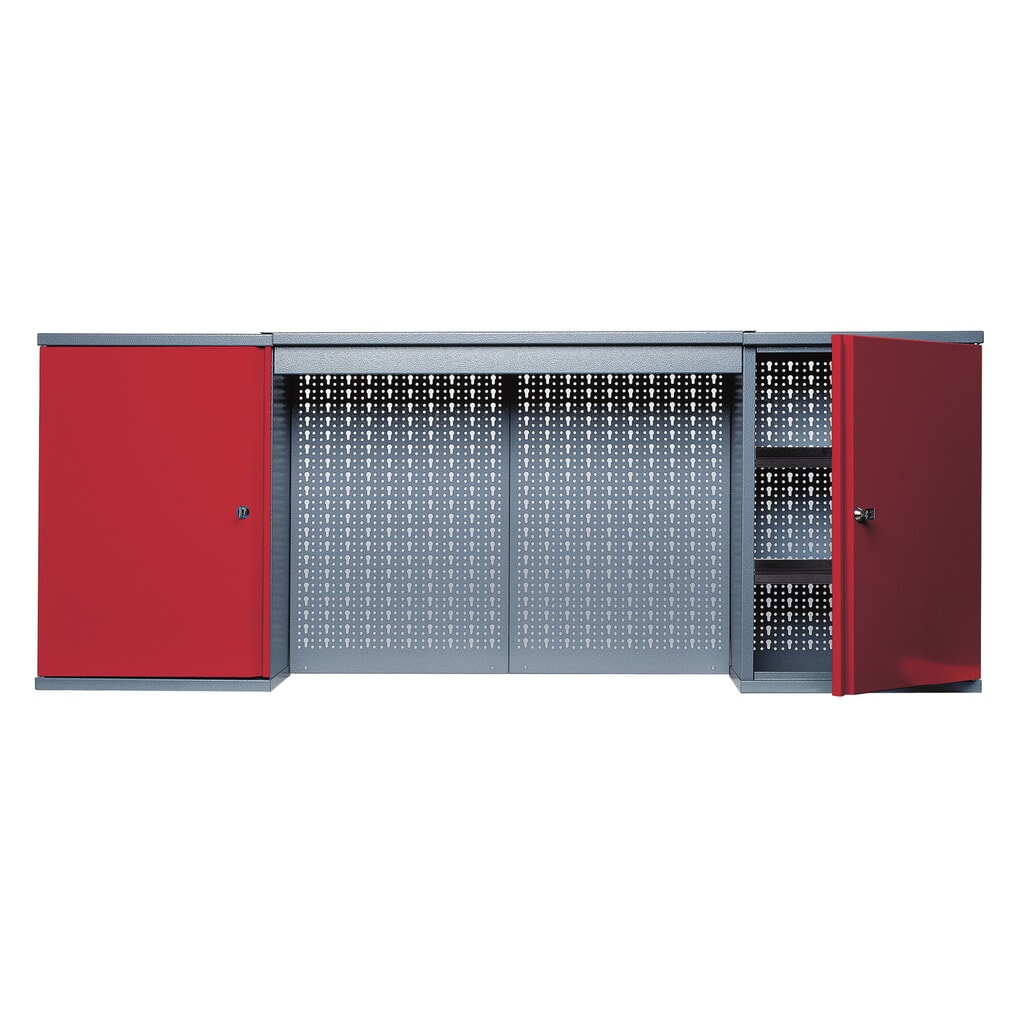 Produktabbildung: Hängeschrank mit 4 Einlegeböden + 4 Lochrückwänden +  Lichtblende, HxBxT 600 x 1.600 x 190 mm, rot