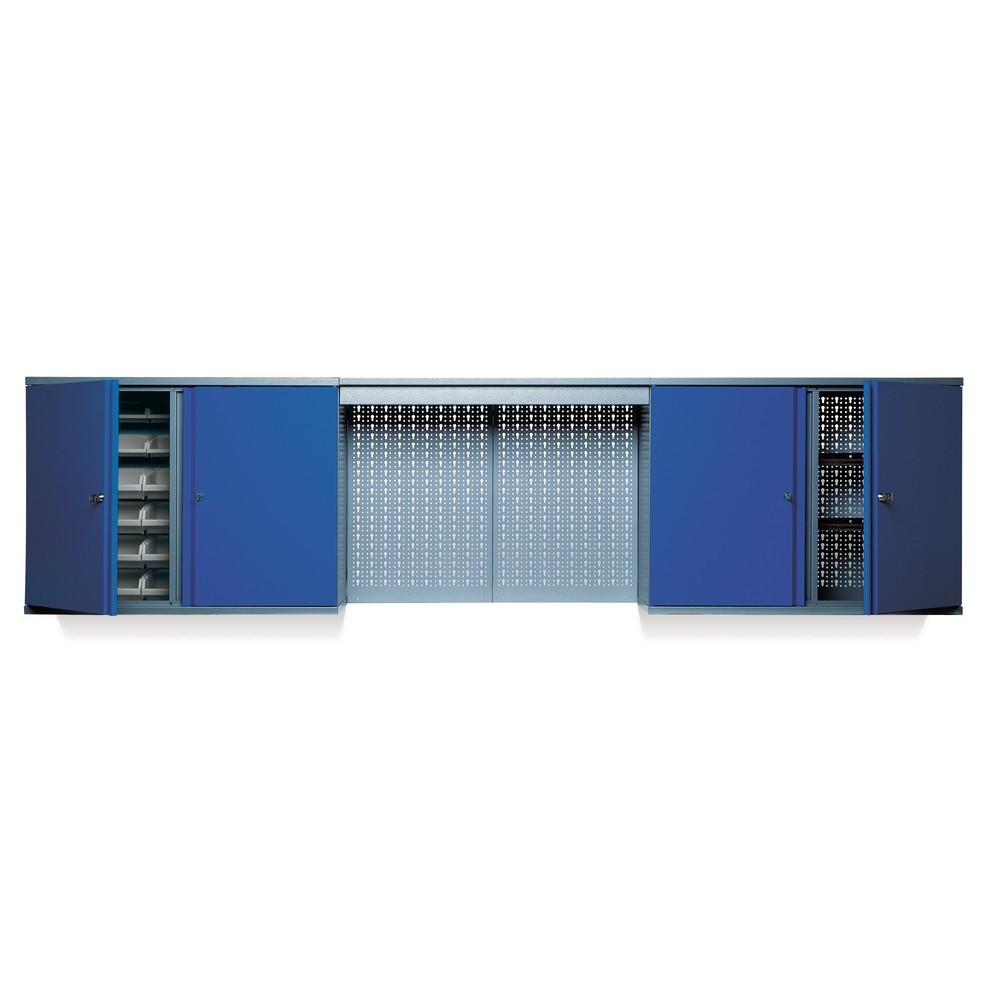 Produktabbildung: Hängeschrank mit 4 Einlegeböden + 4 Lochrückwand + 12 Sichtboxen + Lichtblende, blau