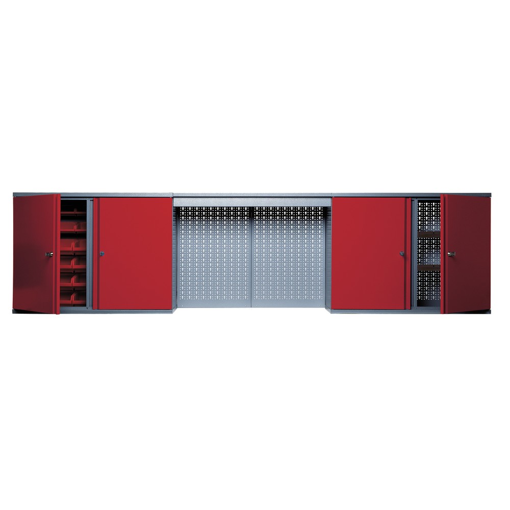 Produktabbildung: Hängeschrank mit 4 Einlegeböden + 4 Lochrückwand + 12 Sichtboxen + Lichtblende, rot