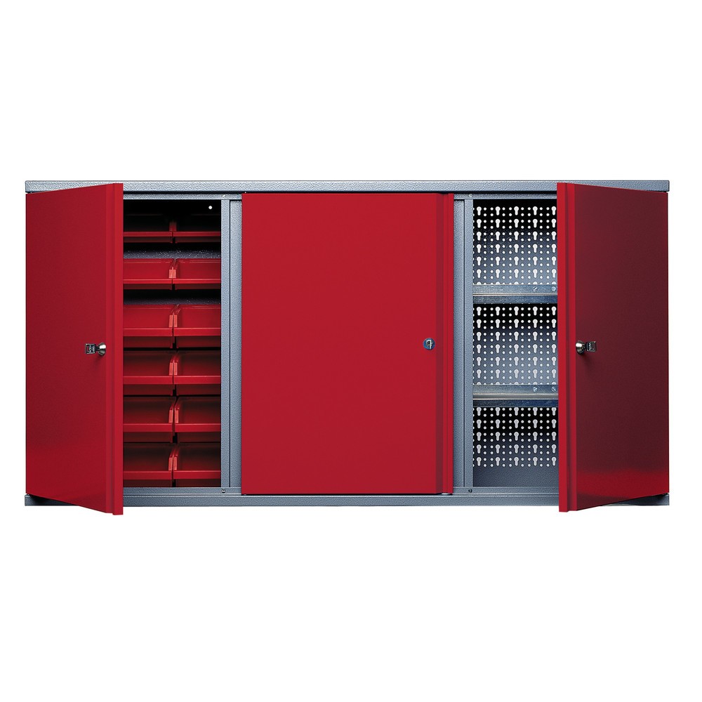 Produktabbildung: Hängeschrank mit 2 Lochrückwänden + 18 Sichtboxen, HxBxT 600 x 1.200 x 190 mm, rot