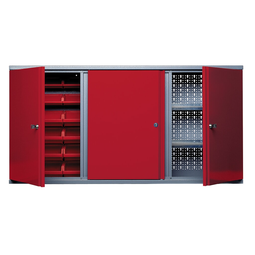 Hängeschrank mit 2 Lochrückwänden + 18 Sichtboxen, HxBxT 600 x 1.200 x 190 mm, rot Produktabbildung: Hängeschrank mit 2 Lochrückwänden + 18 Sichtboxen, HxBxT 600 x 1.200 x 190 mm, rot