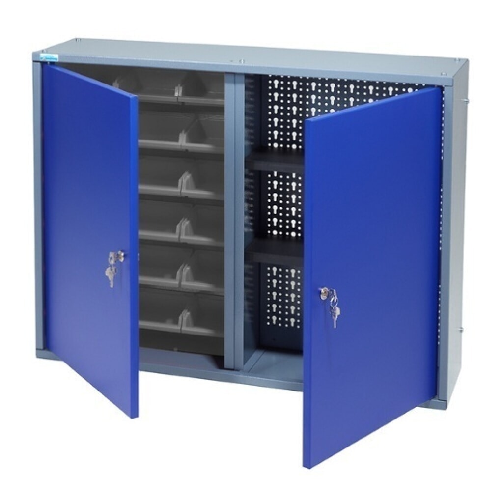 Hängeschrank mit 1 Lochrückwand + 18 Sichtboxen, HxBxT 600 x 800 x 190 mm, blau Produktabbildung: Hängeschrank mit 1 Lochrückwand + 18 Sichtboxen, HxBxT 600 x 800 x 190 mm, blau
