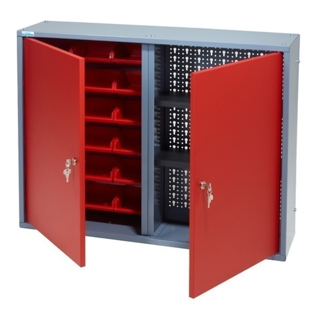 Hängeschrank mit 1 Lochrückwand + 18 Sichtboxen, HxBxT 600 x 800 x 190 mm, rot Produktabbildung: Hängeschrank mit 1 Lochrückwand + 18 Sichtboxen, HxBxT 600 x 800 x 190 mm, rot