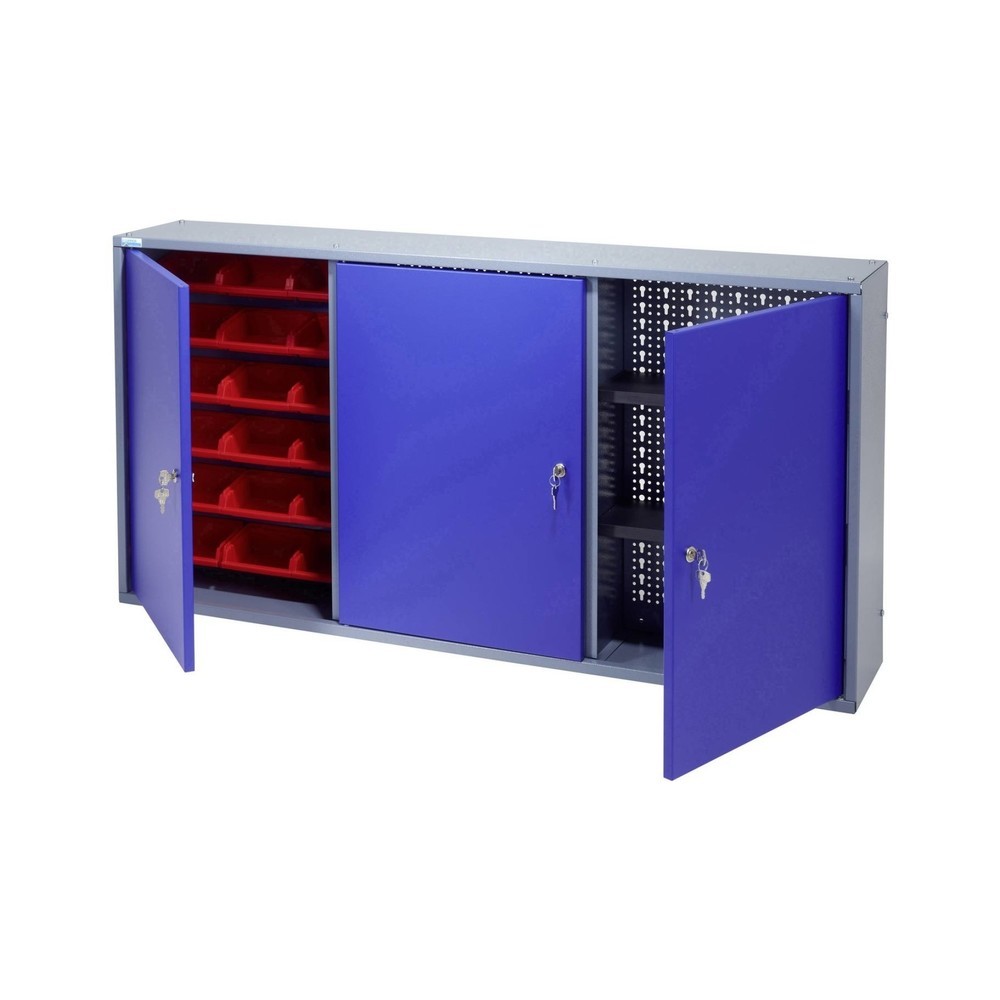 Produktabbildung: Hängeschrank mit 2 Lochrückwänden + 18 Sichtboxen, HxBxT 600 x 1.200 x 190 mm, blau