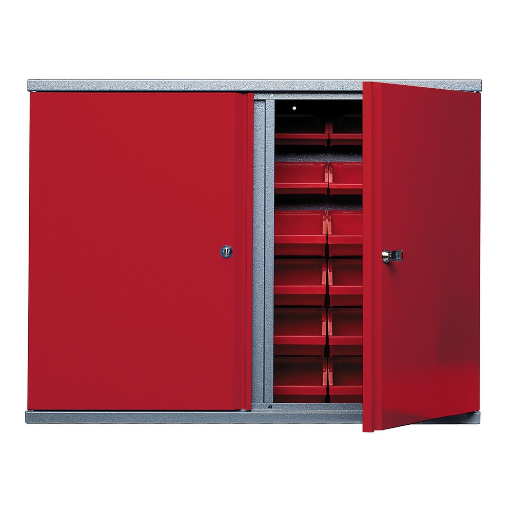 Produktabbildung: Hängeschrank mit 36 Sichtboxen, HxBxT 600 x 800 x 160 mm, rot