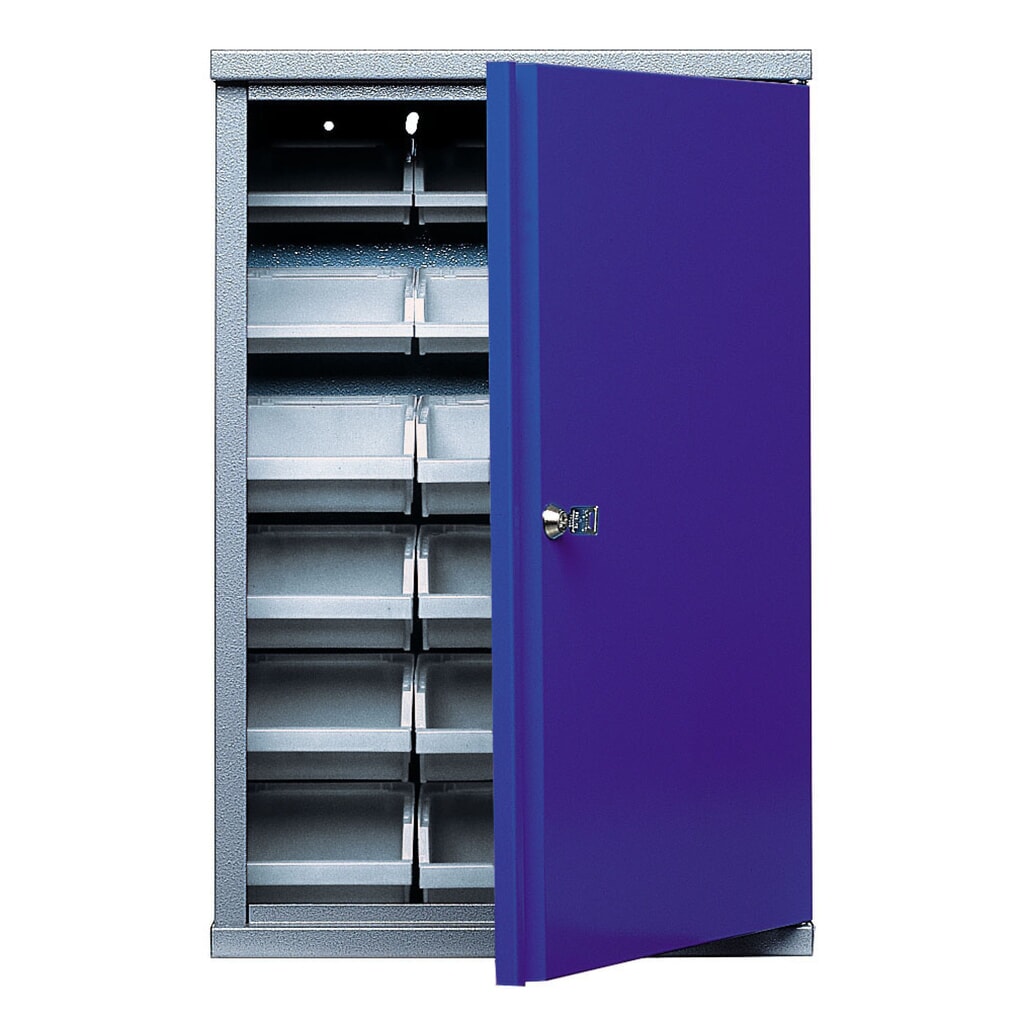 Hängeschrank mit 18 Sichtboxen, HxBxT 600 x 400 x 160 mm, blau Produktabbildung: Hängeschrank mit 18 Sichtboxen, HxBxT 600 x 400 x 160 mm, blau