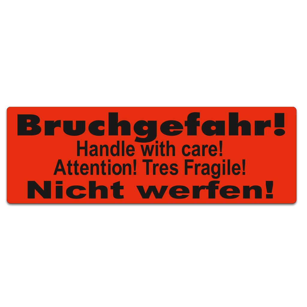 Haftetiketten "Bruchgefahr! Nicht werfen!", dt., engl., franz., BxL 150 x 50 mm, 1.000 Stk/VE Produktabbildung: Haftetiketten "Bruchgefahr! Nicht werfen!", dt., engl., franz., BxL 150 x 50 mm, 1.000 Stk/VE