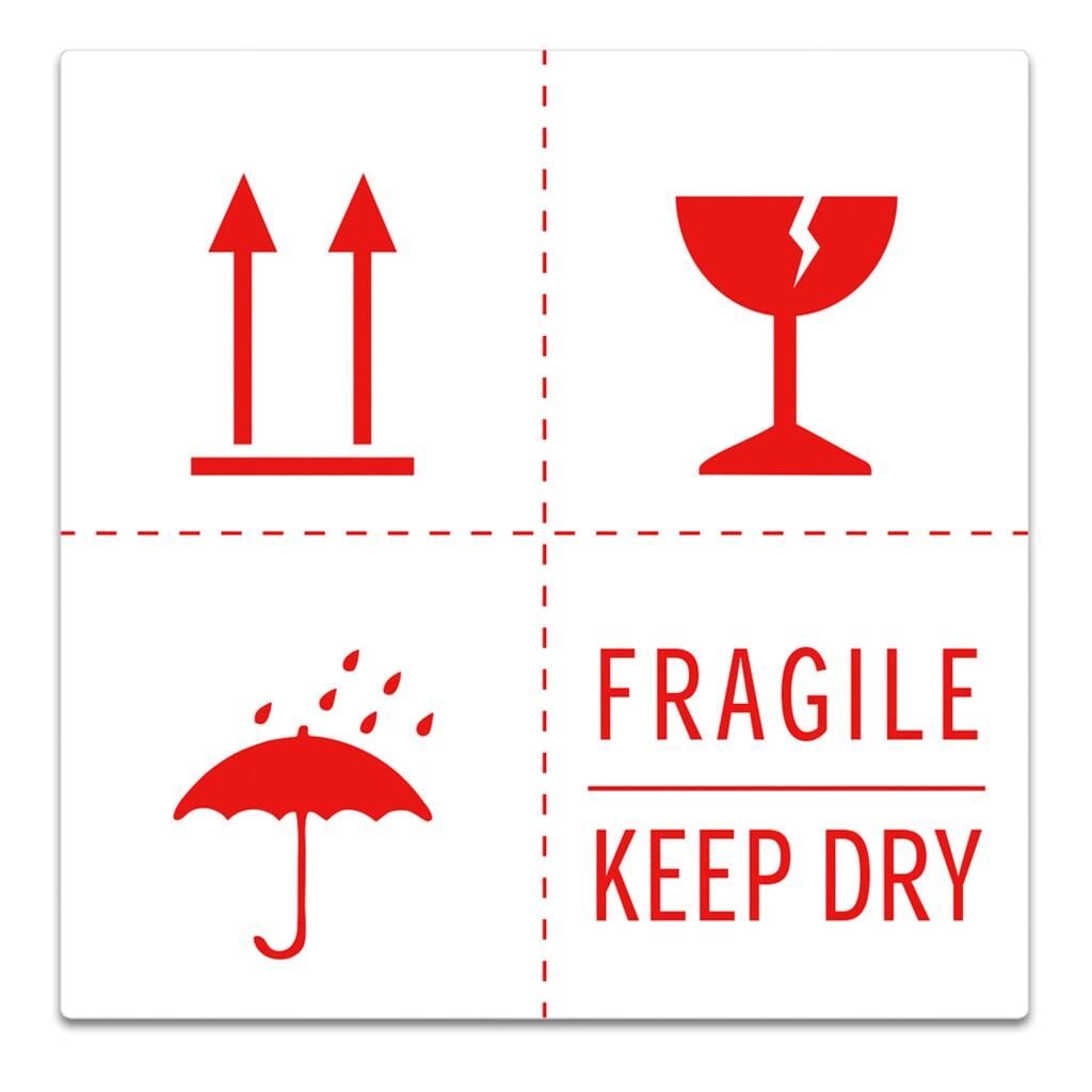 Produktabbildung: Haftetiketten "Fragile + Keep dry + Regenschirmsymbol + Pfeile oben", BxL 100 x 100 mm, 1.000 Stk/VE