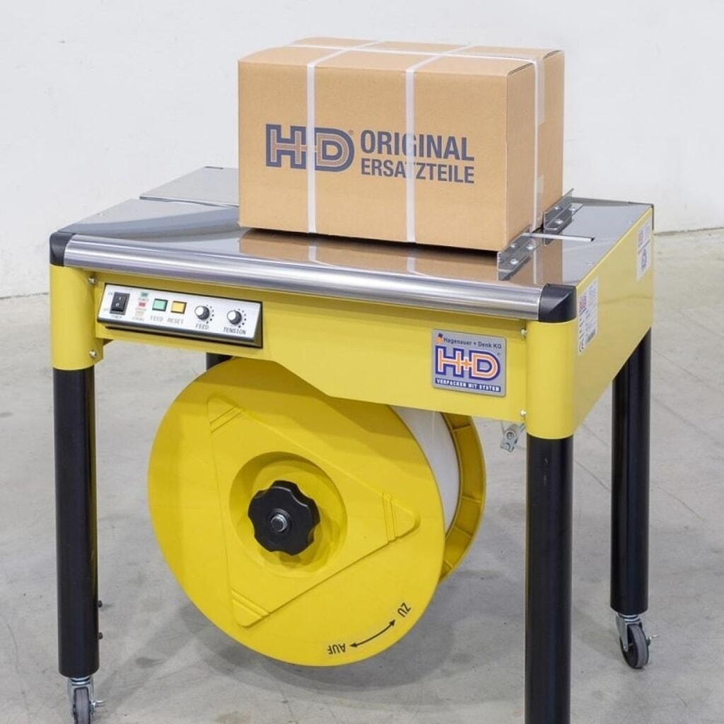 Halbautomatische Umreifungsmaschine HDS-25, mobil mit Lenkrollen, für Bandbreite 12 mm Produktabbildung: Halbautomatische Umreifungsmaschine HDS-25, mobil mit Lenkrollen, für Bandbreite 12 mm