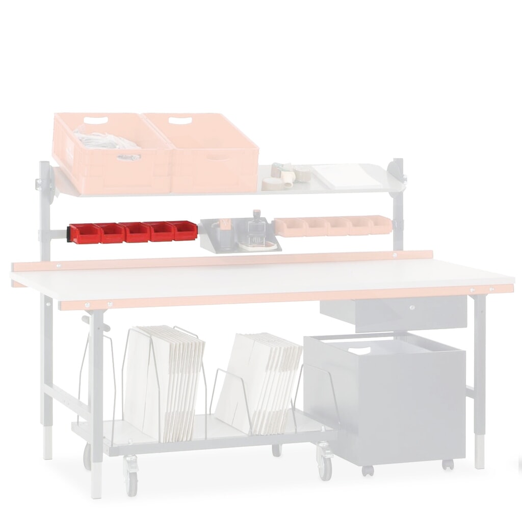 Halteschiene mit Sichtlagerkästen, für Rocholz Packtisch-System, inkl. 5 Kästen Produktabbildung: Halteschiene mit Sichtlagerkästen, für Rocholz Packtisch-System, inkl. 5 Kästen