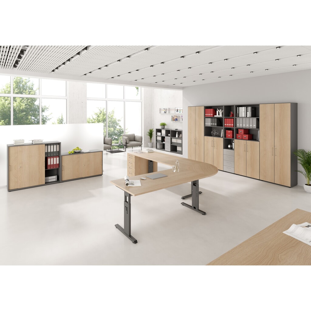 Hammerbacher Manuell höhenverstellbarer Schreibtisch Solid, C-Fuß, BxT 1.600 x 800 mm, grau Produktabbildung Nr. 2: Hammerbacher Manuell höhenverstellbarer Schreibtisch Solid, C-Fuß, BxT 1.600 x 800 mm, grau