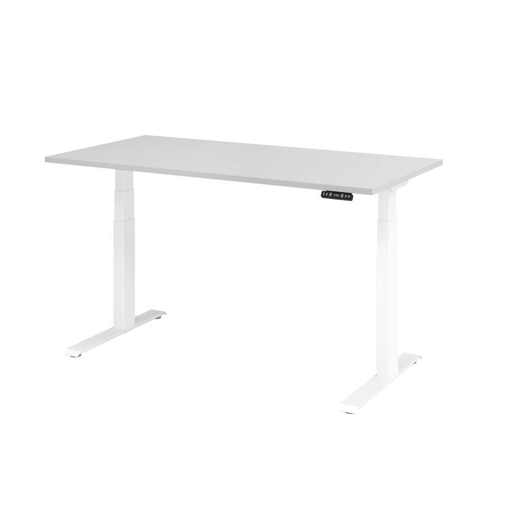 Produktabbildung: Hammerbacher Elektrisch höhenverstellbarer Schreibtisch 2-stufig, Memory-Schalter, C-Fuß, BxT 1.600 x 800 mm, grau, weiß
