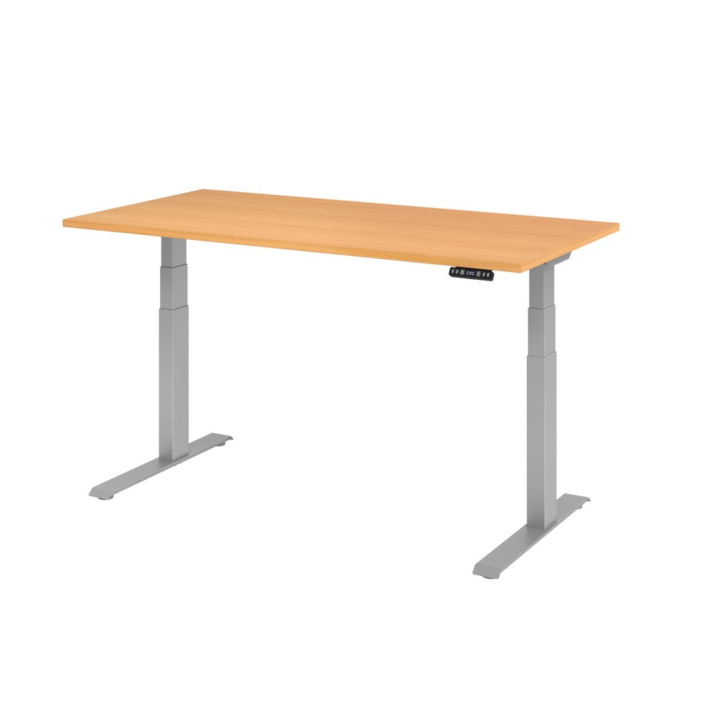 Produktabbildung: Hammerbacher Elektrisch höhenverstellbarer Schreibtisch 2-stufig, Memory-Schalter, C-Fuß, BxT 1.600 x 800 mm, Buche, silber