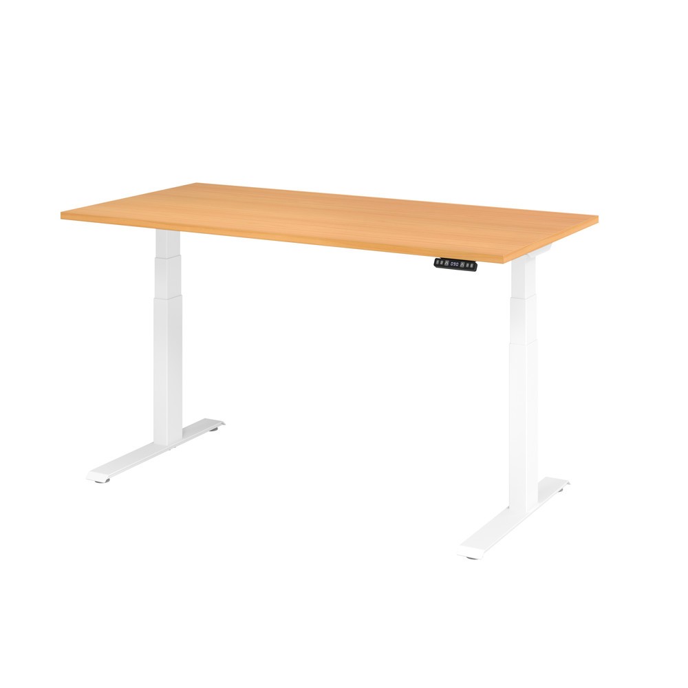 Produktabbildung: Hammerbacher Elektrisch höhenverstellbarer Schreibtisch 2-stufig, Memory-Schalter, C-Fuß, BxT 1.600 x 800 mm, Buche, weiß