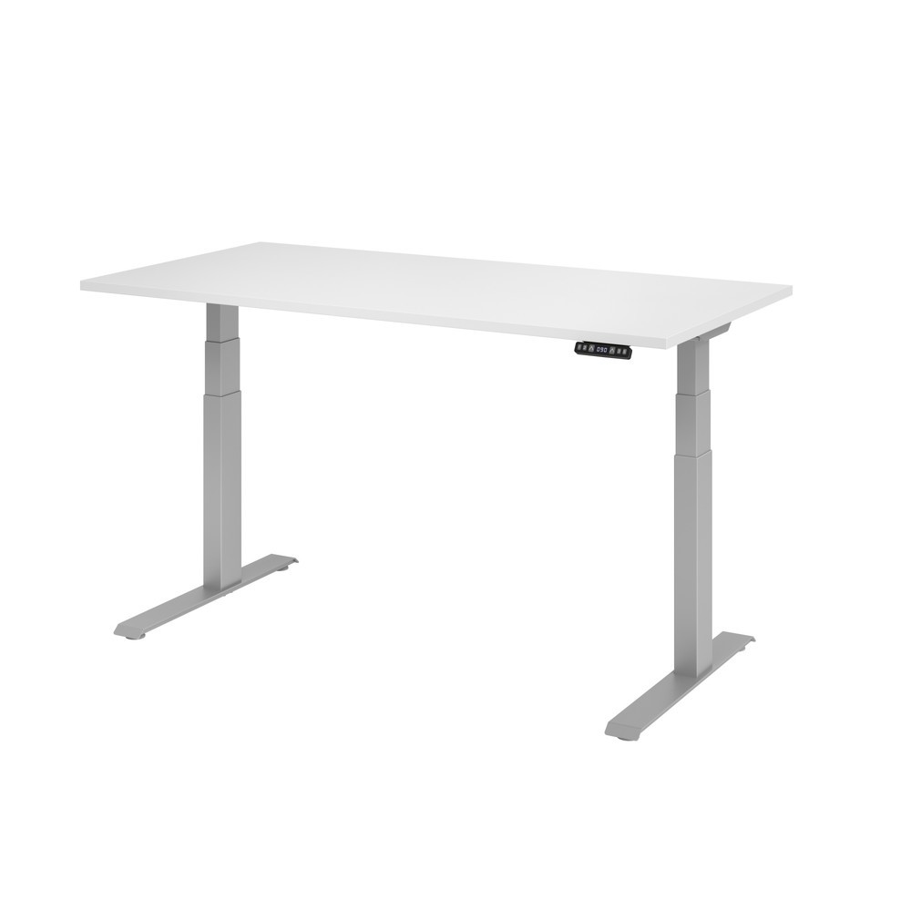Produktabbildung: Hammerbacher Elektrisch höhenverstellbarer Schreibtisch 2-stufig, Memory-Schalter, C-Fuß, BxT 1.600 x 800 mm, weiß, silber