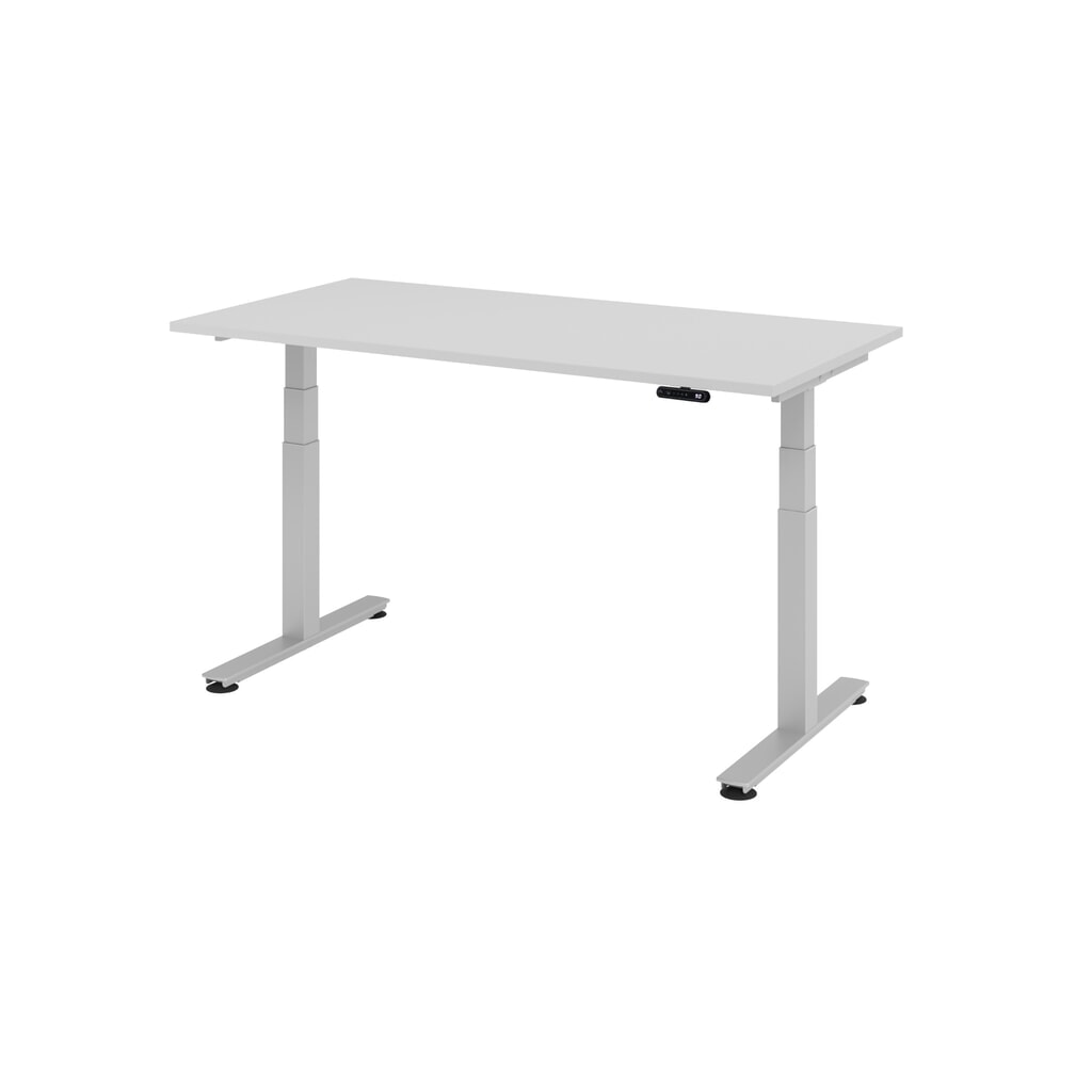 Hammerbacher Elektrisch höhenverstellbarer Schreibtisch 2-stufig, Memory Schalter, T-Fuß, BxT 1.600 x 800 mm, grau, silber Produktabbildung: Hammerbacher Elektrisch höhenverstellbarer Schreibtisch 2-stufig, Memory Schalter, T-Fuß, BxT 1.600 x 800 mm, grau, silber