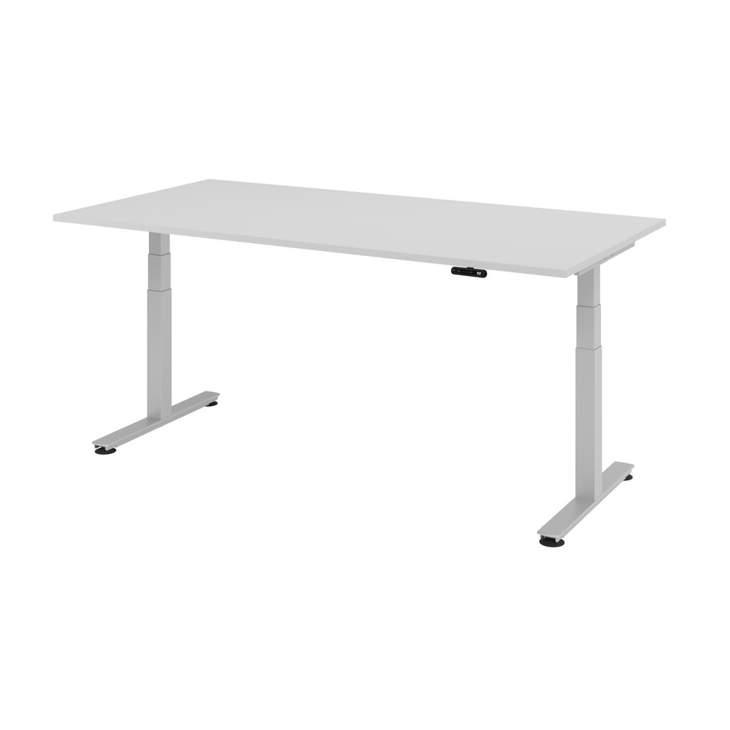 Produktabbildung: Hammerbacher Elektrisch höhenverstellbarer Schreibtisch 2-stufig, Memory-Schalter, T-Fuß, BxT 2.000 x 1.000 mm, grau, silber