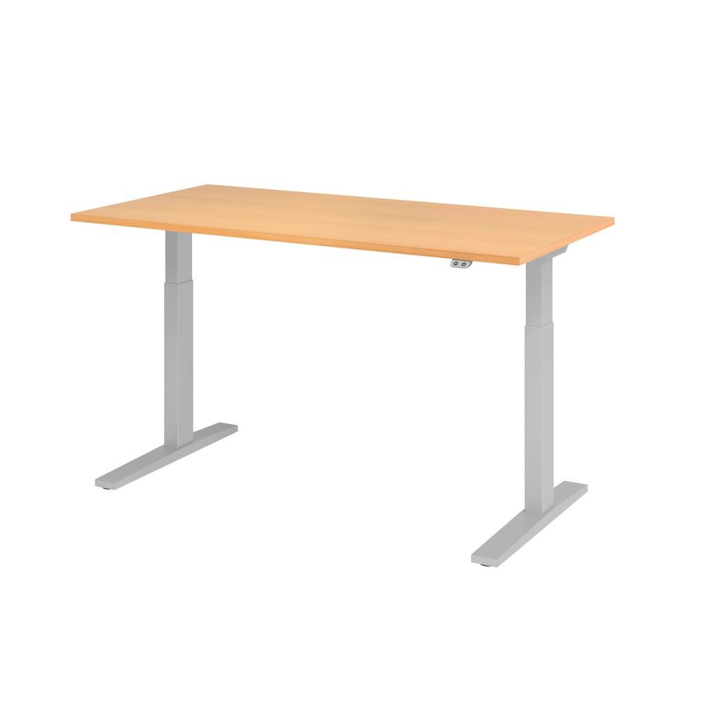Produktabbildung: Hammerbacher Elektrisch höhenverstellbarer Schreibtisch 1-stufig, C-Fuß, BxT 1.600 x 800 mm, Buche, silber