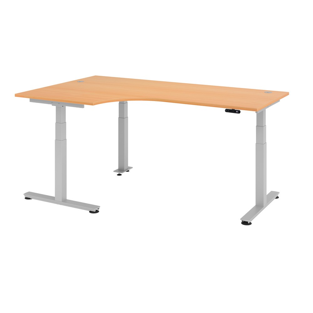 Produktabbildung: Hammerbacher Büro-Eckschreibtisch, Memory-Schalter, elektrisch höhenverstellbar, BxT 2.000 x 1.200 mm, Buche, silber