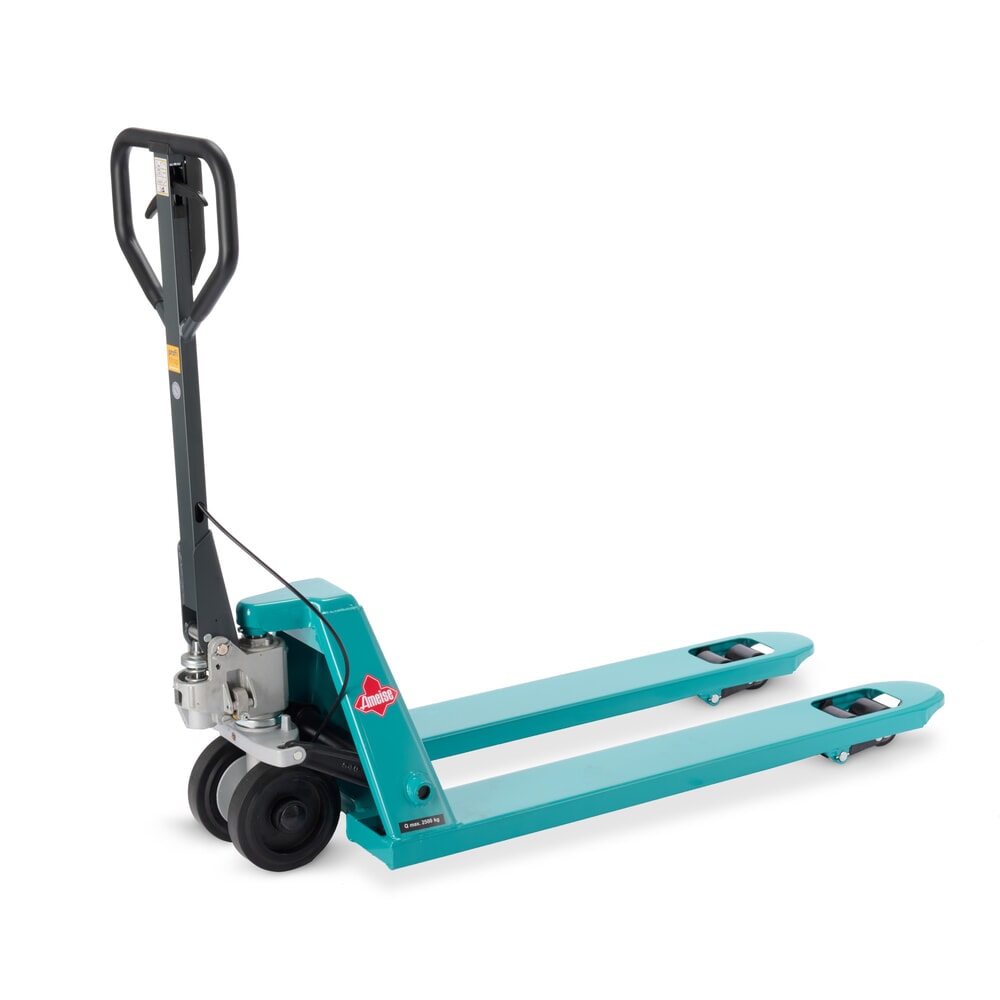 Produktabbildung: Handhubwagen Ameise® PTM 2.5 mit Handbremse, Tragfähigkeit 2.500 kg, Gabellänge 1.150 mm, Vollgummi/Polyurethan, Tandemrollen