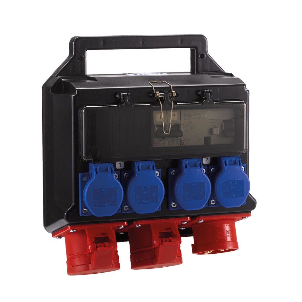 Produktabbildung: HEDI Hängeverteiler, Drehstrom 400 V / 16 A, IP44, 2x CEE- u. 4x Schuko-Steckdose, mit FI-Schutzschalter (RCD)