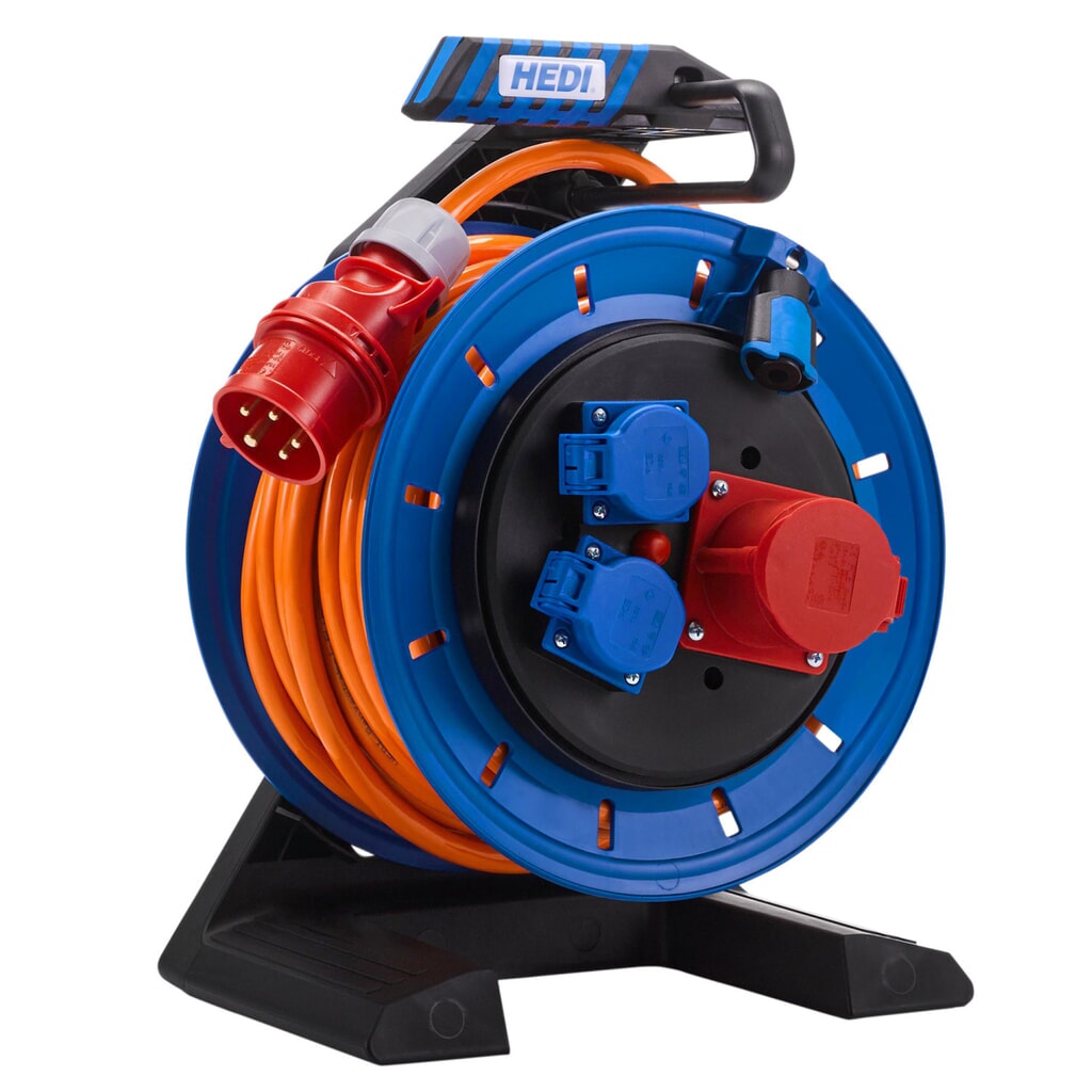 HEDI Kabeltrommel Generation 7 Champion, H07BQ-F 5G2,5, IP54, 25 m, 1x CEE- u. 2x Schuko-Steckdose Produktabbildung: HEDI Kabeltrommel Generation 7 Champion, H07BQ-F 5G2,5, IP54, 25 m, 1x CEE- u. 2x Schuko-Steckdose