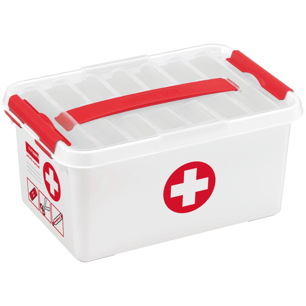 Produktabbildung: helit Aufbewahrungsbox "the q-line", mit Deckel u. Tragegriff, 6 Liter, weiß/rot