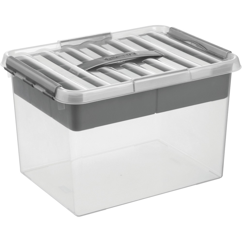 Produktabbildung: helit Aufbewahrungsbox "the q-line", mit Deckel, Tragegriff u. 1 Einsatz á 7 Fächer, 22 Liter, transparent