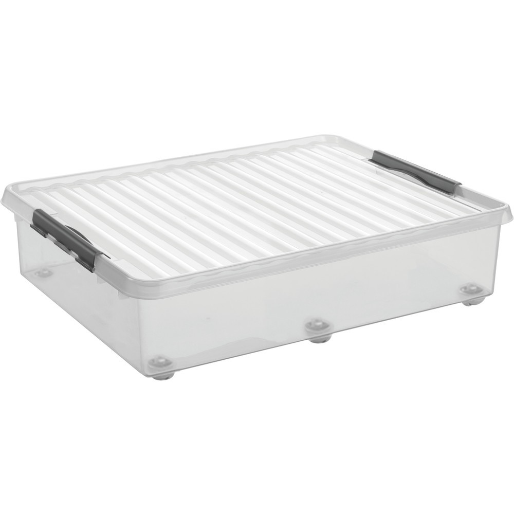 Produktabbildung: helit Aufbewahrungsbox "the q-line", mit Deckel, 360° schwenkbare Rollen, 60 Liter, transparent