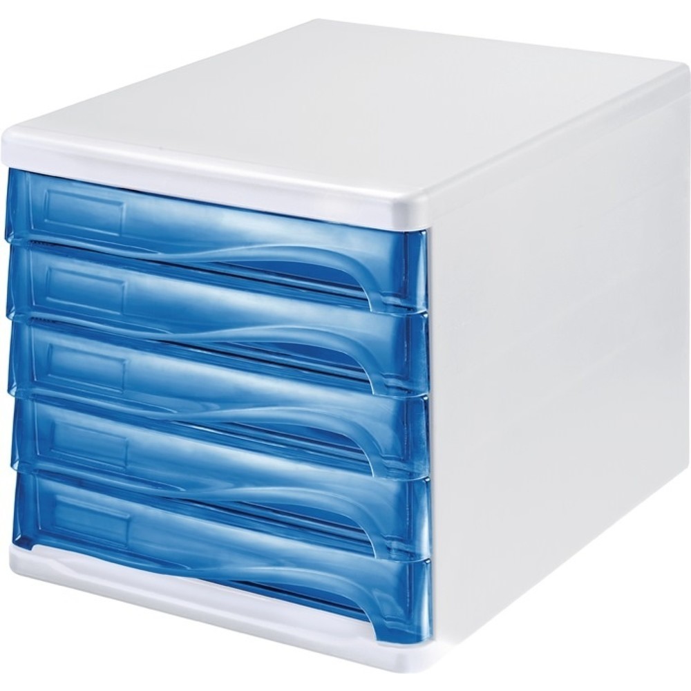 Produktabbildung: helit Schubladenbox, Kunststoff H245xB265xT340 mm, 5 Schubladen weiß/blautransparent