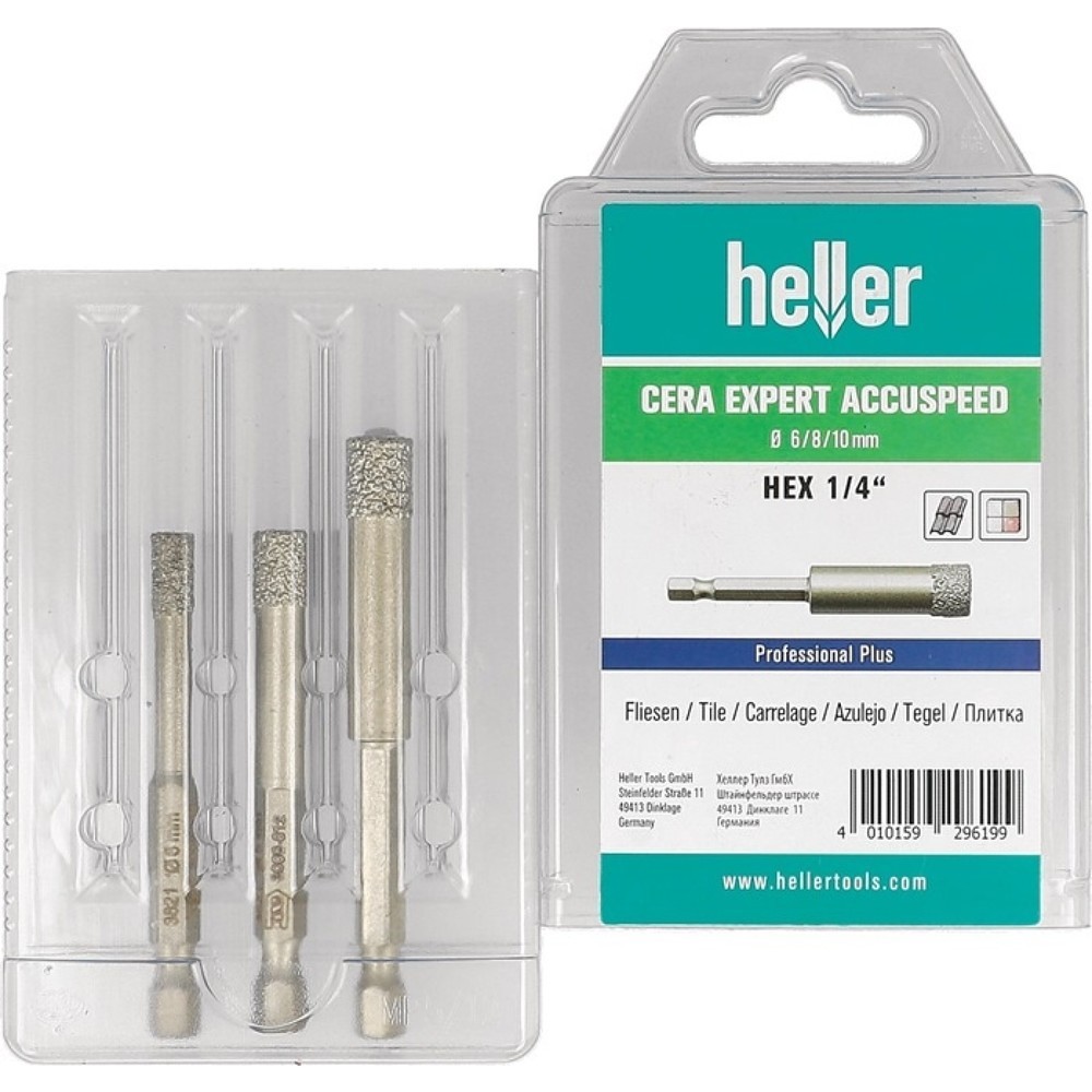 Produktabbildung: HELLER Feinsteinzeugbohrer Cera Expert Accuspeed, Schaft 6-kant, 3-teilig Ø 6, 8, 10 mm