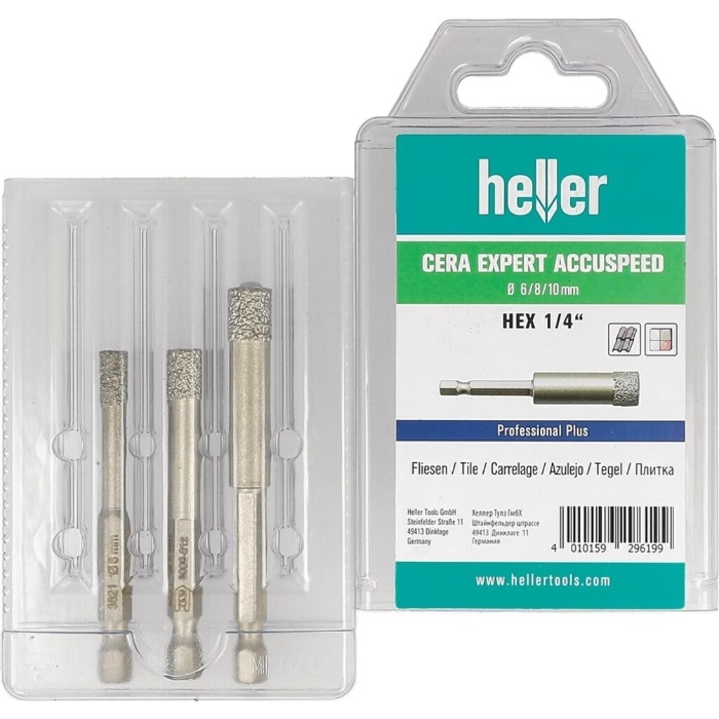 Produktabbildung: HELLER Feinsteinzeugbohrer Cera Expert Accuspeed, Schaft 6-kant, 3-teilig Ø 6, 8, 10 mm