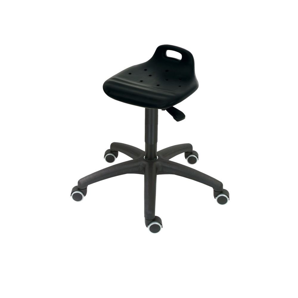 Produktabbildung: HEMMDAL Drehhocker, PU-Sitz mit Rückenstütze + Tragegriff, Sitzhöhe 450-640 mm, Rollen